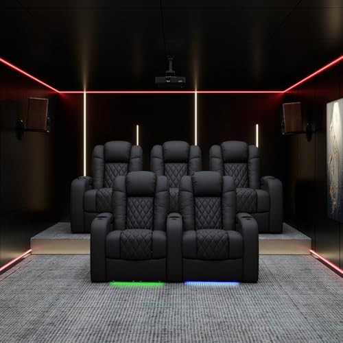 Weilianda Home Theater Seating Top Grain Leather, Zero Gravity Movie Theater Chairs Set, Power Headrest Recliner Chair Gaming Seats, 7 Colors Mood Light Sofa with Tray Table USB Charge Row of 3 Black - Image 3