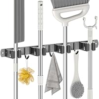 Radikor Besenhalterung Wand, Selbstklebender Besenhalter mit 4 Halter und 3 Haken, Edelstahl Gerätehalter Schraubbar, Gartengerätehalter Gartengeräte Halterung, Besen Mop Halter, Schwarz