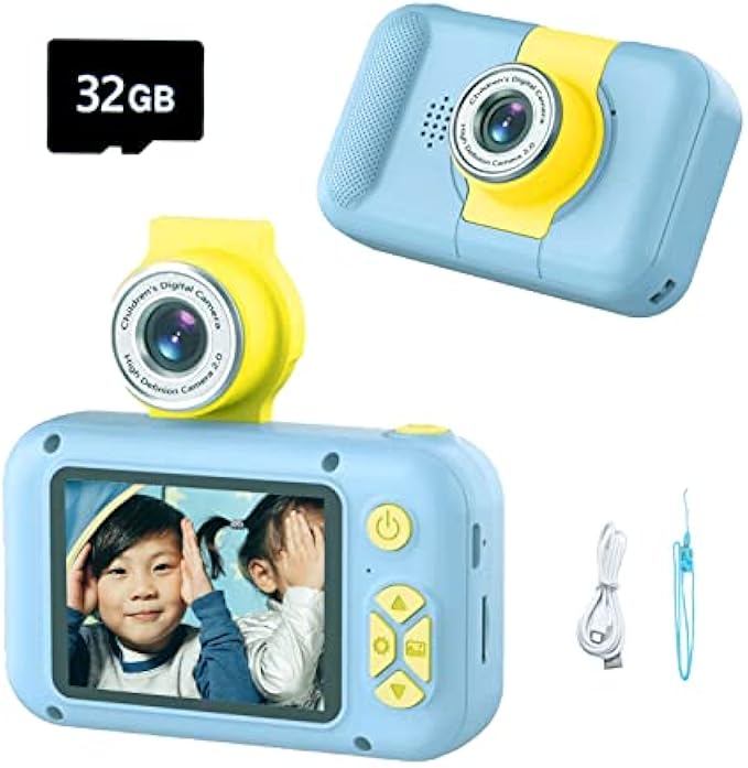 DEVA Kids Digital Camera for Girls/Boys,FILP Len Camera Toy for Toddler,HD 1080P Video/with 32GB SD Card/Selfie Camera, Christmas Birthday Gifts Toys Camera for Kids，Blue