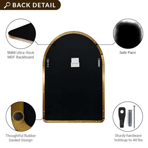 Image of ANDY STAR Arched Mirror, 22 inch x 35 inch Gold Bathroom Mirror in Stainless Steel Metal Frame, Arch Top Rounded Corner 1 inch Deep Set Design Wall Mount Hangs Vertical