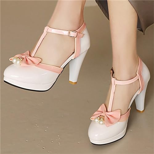 Image of Elbslutt Women's Cute Retro Rockabilly Shoes T Strap Mary Janes Heels Chunky Cosplay Shoes Sweet Block Heeled Bow Pumps