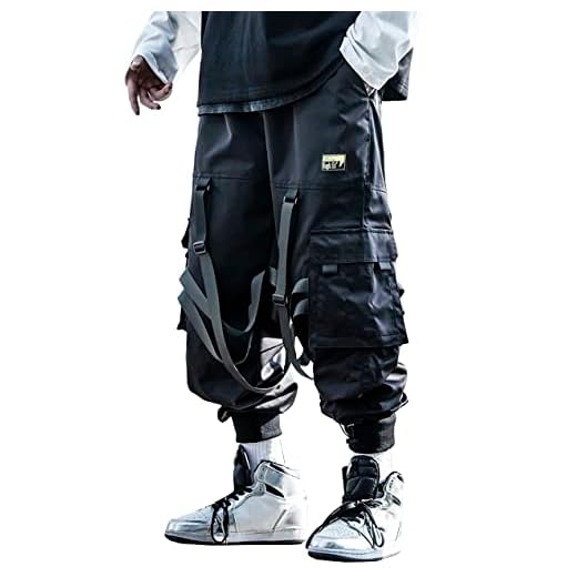MOKEWEN Men's Multi Straps Cargo Pockets Streetwear Jogger Ankle Ninth Pants with Elastic Waist Drawstring Black W 28-29