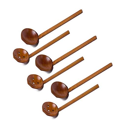 Japanese 8.5 inches Handcrafted Wooden Soup Spoon Ramen Ladle Strainer, Wooden Hot Pot Spoon Strainer Kitchen Tool Set of 6