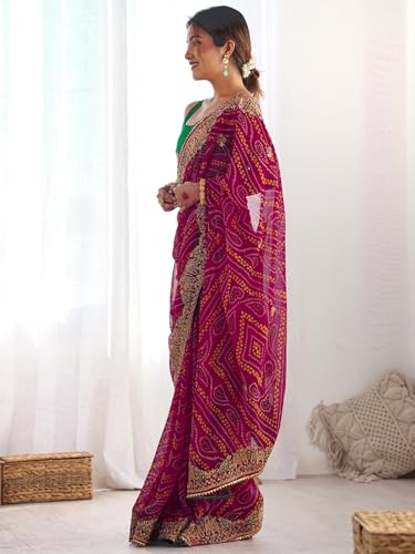 Image of Satrani Women's Georgette Bandhani Printed Embroidered gota lace Saree with Unstitched Blouse Piece