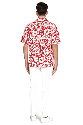 Image of Couple Matching Hawaiian Luau Men Shirt and Women Vintage Fit and Flare Dress in Classic Vintage Hibiscus