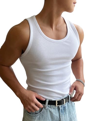 OYOANGLE Men's Rib Knit Scoop Neck Sleeveless Tank Top Basic Solid Fitted Vest Tops Muscle Undershirts