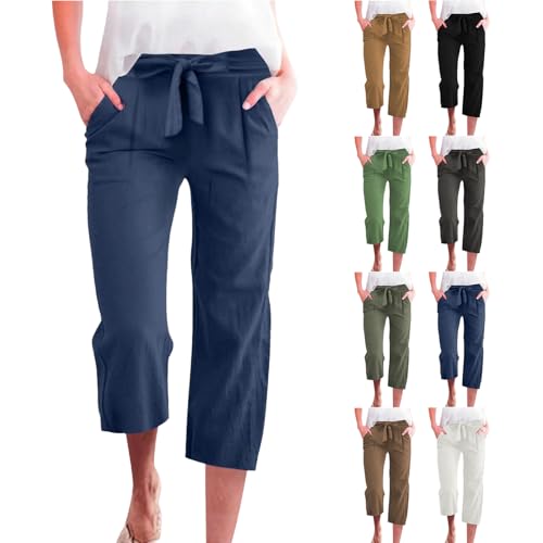 2025 Cotton Linen Capris Pants for Women Summer Strip Drawstring Straight Pant Casual Wide Leg Cropped Trouser