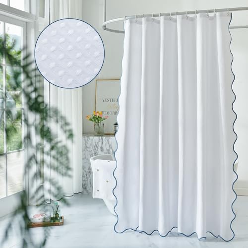 youngseahome Waffle Weave 230GSM Heavy Duty Fabric with Water Blue Scalloped Border Shower Curtain,Boho Chic Cloth Shower Curtain for Bathroom Showers,72 x 84 Inches by youngseahome - Used condition - US$17.66