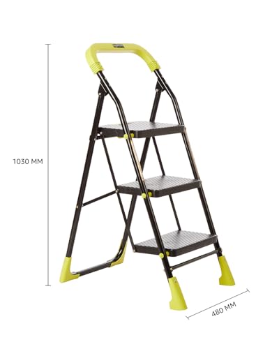 Image of Amazon Basics Dynamo - Foldable Step Ladder, Safety Clutch Lock, Anti Slip Steps, Knee Guard, Anti Skid PVC Shoes, 3 Steps (Steel, Black & Lime Green)