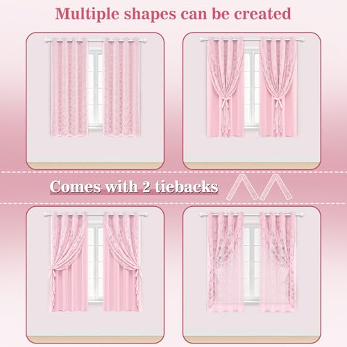 Image of Yinhua Pink Blackout Curtains Double Layer Curtains for Bedroom 63 Inch Length Nursery Curtain for Living Room, Grommet Drapes with Tiebacks, 2 Panels, 52 inch W x 63 inch L