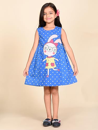 Image of LILPICKS Rabbit Polka Printed Sleeveless Fit n Flare DressFor Girls (Blue)