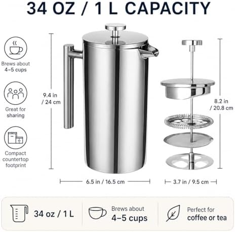 34 Oz Insulated 304 Stainless Steel French Press for Home and Camping — view 5