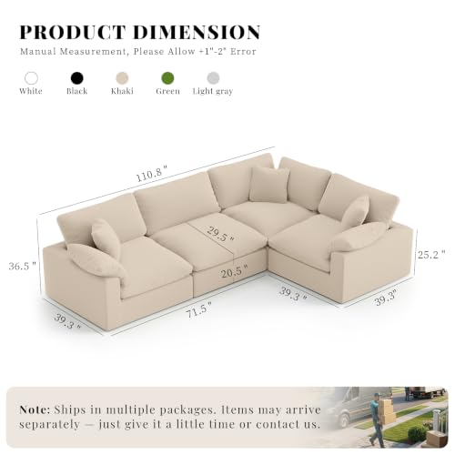 Image of Modular Sectional Sofa,4 Seater Cloud Couch,Down Filled Comfy Cloud Modern Sofa,Khaki Linen Oversized Couch Cushion Covers Removable for Living Room