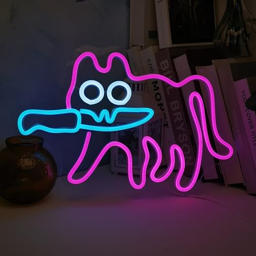Image of Goofy Sneaky Cat Neon Sign for Bedroom, USB Powered Funny Cat LED Neon Light, Silly Cat Wall Decor Meme Art for Dorm, Game Room, Party, Fun Gift for Teens Friends (15.8 x 9.8 Inch)(cat)