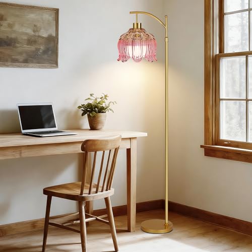 Image of QIYIZM Pink Floor Lamp for Living Room,Bedroom,Glass Gold Dimmable Standing Lamp with Remote,Mid Century Modern Brass Tall Lamp Boho Floor Lamps Arc Stained Tulip Flower Floor Light Lamp Bohemian
