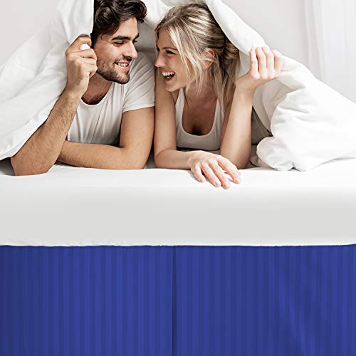 Image of Nestl King Bed Skirt - Damask Dobby Stripe Wrap Around Bed Skirt King Size - Double Brushed Microfiber 14 in Tailored Drop Pleated Bed Ruffle with Bed Skirt Pins - Royal Blue