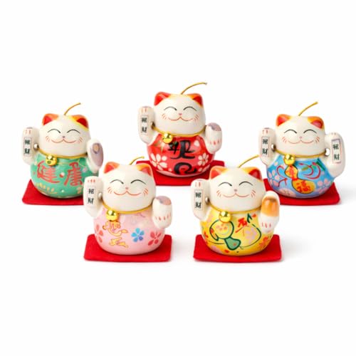 kcrygogo Lucky Cat Decor Set of 5, 1.6" Mini Ceramic Maneki Neko with Tiny Bell Charms & Display Bases, Cute Shelf Sitters