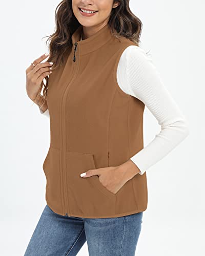 Xeoxarel Women's Soft Polar Fleece Vest, Lightweight Sleeveless Jackets Outerwear Full-Zip Pockets Casual Clothes Camel Brown Medium #TOP2