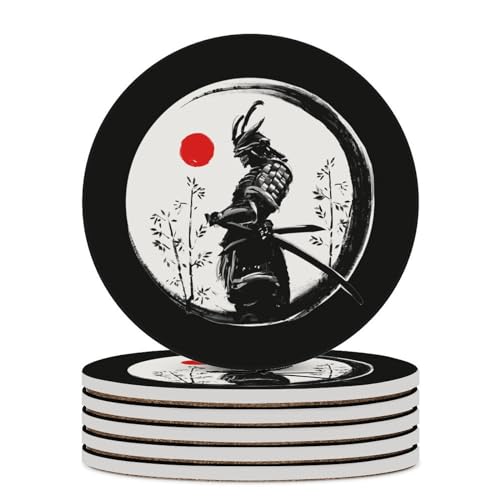 コースター 侍 武士 忍者 墨絵 水墨画 セラミック ドリンク 4/6枚セット 吸水コースター 高吸水性 耐熱 断熱パッド 速乾 吸水 茶パッド コップ敷き コーヒー 茶托 滑り止め 円型 おしゃれ カビ/ダニ防止 贈り物 新築贈り物