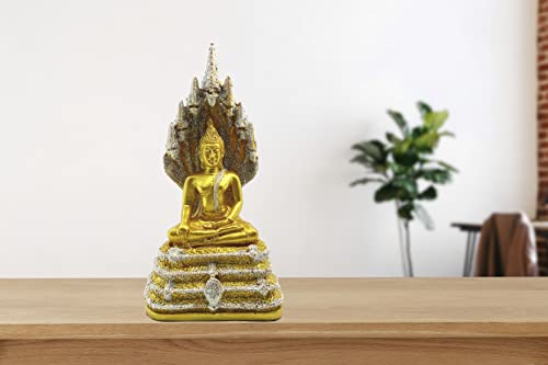 Buddho Buddha Pang Nak Prok 8" H. Buddha Statue In The Posture Of Naga Poly Resin Thai Buddha Statue For Home Decor Buddha Gift Buddha Sculpture (Gold) #TOP1