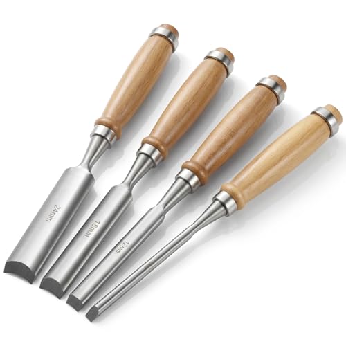 QWORK Wood Gouge Chisel Set 4 Piece CR-V Chrome Vanadium Steel Blades Semi Circular Edge Wooden Handle With Metal Hoop Ready to Use Wood Carving and Carpentry Tools 6 mm 12 mm 18 mm 24 mm