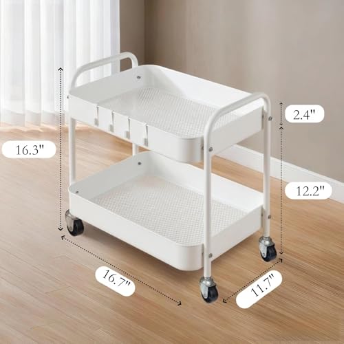 Image of Under Desk Storage Cart 2 Tier Utility Rolling Cart with Wheels, Small Metal Mobile Trolley with Handle Two Tiered Utility Organizer Roller for Kitchen Office Bathroom Pantry Room, White