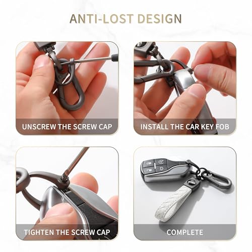 Image of Gkeygo Carabiner Keychain, Universal Heavy Duty Woven Handmade Leather Key Chain, Car Fob Key Keychains with 360 Degree Rotatable Snap Swivel and Anti-Lost D-Ring for Men and Women, Gunmetal - White