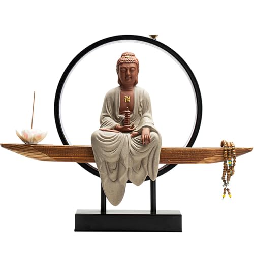 Statua buddista con bruciatore di incenso e lampada circolare a LED, decorazione da parete zen da parete, opera d'arte da appendere per soggiorno e illuminazione del portico