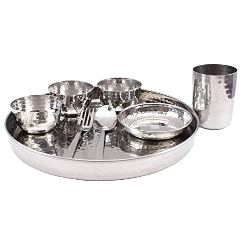 Indian Art Villa Stainless Steel Dinner Set/Thali Set of 1 Plate, 1 Small Plate, 3 Bowls, 1 Glass, 1 Fork & 1 Spoon (8 Pieces), Dinnerware, Tableware Or Crockery