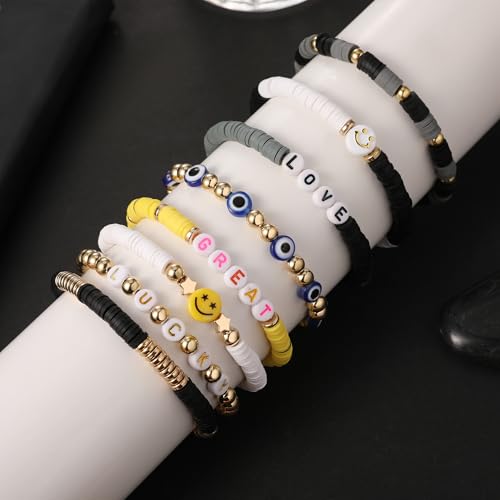 Image of Preppy Bracelets Set Colorful White Gold Smile Heart Star Polymer Beaded Pearl Clay Stackable Charm Y2K Kidcore Aesthetic Summer Beach Bohemian Stretch Layering Bracelets Jewelry for Girls Women Teens