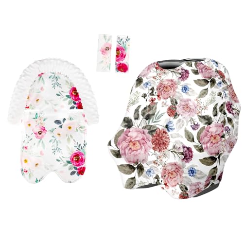 Image of Baby Car Seat Cover & Carseat Headrest and Strap Covers, Flowers Carseat Cover Girls, Strollers Head Support & Seat Belt Cover, Soft Breathable