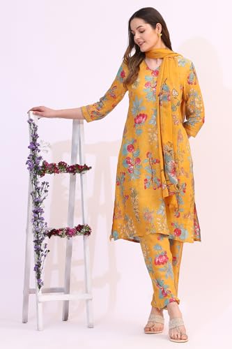 Image of W for Woman Reef Blue Floral Printed Modal Straight Kurta, Pants and Dupatta Set