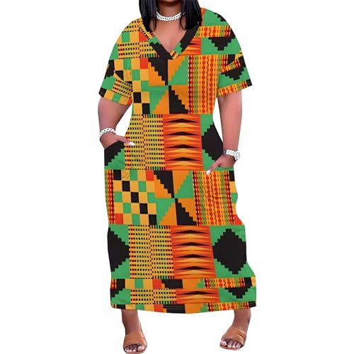 Image of Plus Size Maxi Tshirt Dresses for Curvy Women African Print American Dress Summer Outfits Casual Loose Sundresses with Pocket