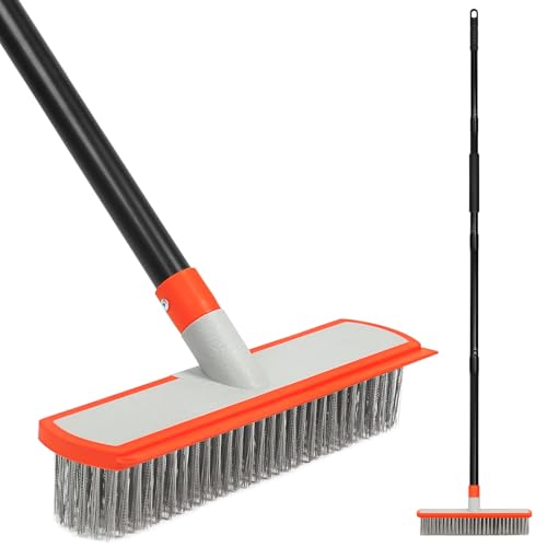 MAVRIZ Stainless Steel Concrete Brush with Long Handle - Heavy Duty Deck Brush for Concrete Cleaning Outdoor Broom for Moss Removal Wire Brushes for Scrubbing Patios Driveways & Pools