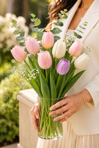 Image of Divyakosh Artificial Flowers for Vase (Vase Not Included) - Luxury Tulip Flower Bouquet with Eucalyptus & Baby's Breath, Faux Floral Arrangement for Home Decor, Living Room, Dining Table, Office