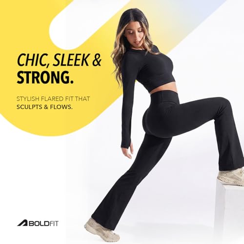 Image of Boldfit Limitless Nyloflex Flare Pants for Woman Leggings for Women Full Length Stretchable Gym Pants for Women Workout Flare Pant for Yoga, Pilates, Gym for Daily Use Flared Palazzo for Woman