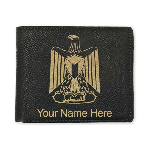 LaserGram Faux Leather Bi-Fold Wallet, Flag of Palestine, Personalized Engraving Included (Black with Gold)