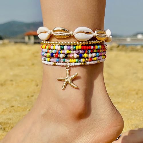 Image of 7 Pack Boho Beaded Shell Anklet Bracelets for Women Colorful Stretch Cowrie Seashell Starfish Ankle Bracelet Stack Adjustable Summer Beach Accessories Cute Hawaiian Jewelry