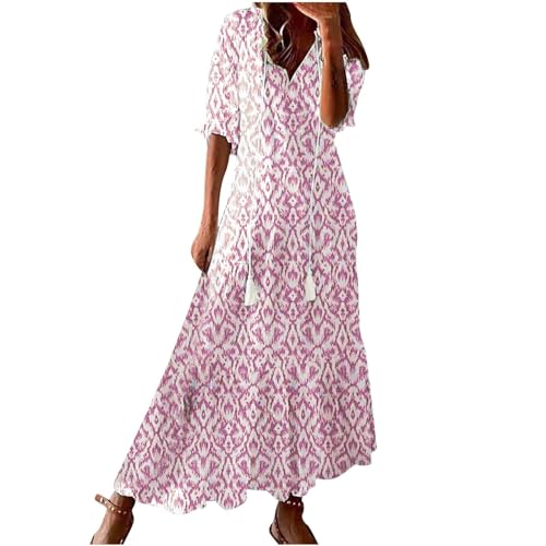 Long Dresses for Women Plus Size 2024 Women's Casual Loose Bohemian Floral Dresses 2024 3/4 Sleeve V...