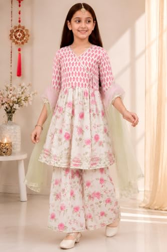 Image of Preneum Girl's Cotton Rayon Floral Printed Angrakha Kurta with Sharara & Dupatta