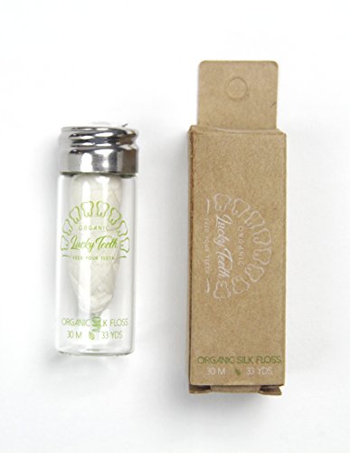 Organic Silk Floss in Glass Jar with Tea Tree and Peppermint essential oils - PLASTIC FREE- 30 m / 33 yds - by Lucky Teeth (1 Pack)
