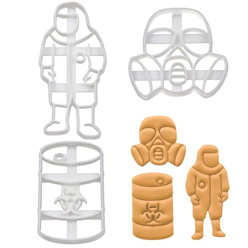 Bakerlogy - BAKERLOGY Set of 3 Biohazard Themed Cookie Cutters (Designs: Biohazard Waste Container, Gas Mask, and Suit) - Detailed Biscuit Cutter Design for Baking and Crafts, Ideal on Fondant, Dough, Clay - -50%