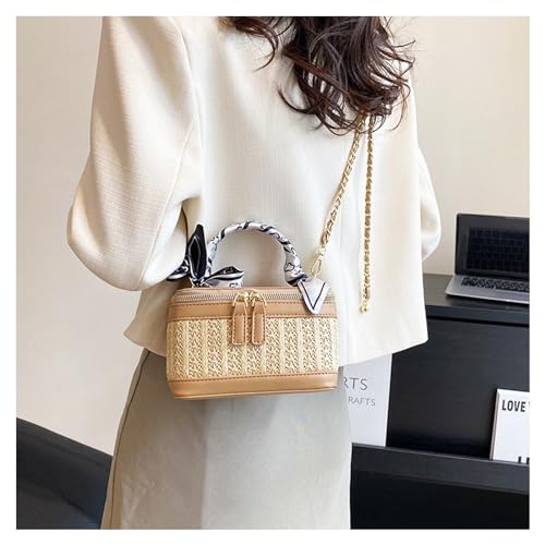 Bolso bandolera cuadrado para mujer de paja y cuero miniatura 7