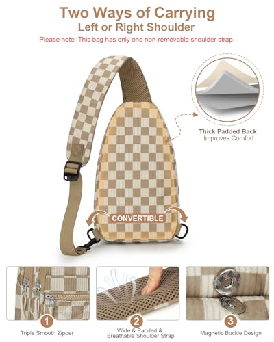 Image of Capolo Sling Bag for Women Men Waterproof Crossbody Bags for Women Trendy Casual Fanny Pack with Convertible Shoulder Strap Chest Bag for Travel Hiking(Khaki Square Grid, Medium)