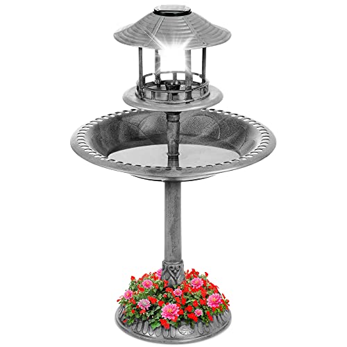 Best Choice Products Solar Outdoor Bird Bath Vintage Resin Pedestal Fountain Decoration for Yard Garden w/Planter Base Feeder Decorative Bird Cage Fillable Stand - Stone