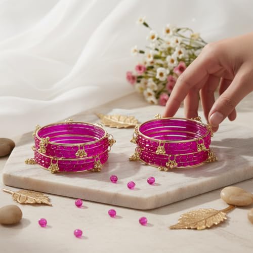 Image of Kashmiri Ghangharoo Glass Bangle Set for Women| Light Weight Bangles | Traditional Transparent Fancy Glass Chudi Set for Wedding, Party|Set Of 16(12 Glass + 4 ghungroo bangles)