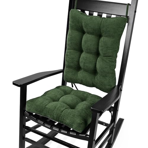 Glyzia Rocking Chair Cushion for Elderly Sitting, Back Pillow & Seat Cushion with Ties, Luxury Chenille Fabric Non-Slip Chair Pad for Rocker, Dark Green, 21.6x17x2- 17x17x3