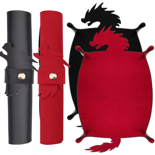 SIQUK 2 Stücke Drachen Würfelteller Faltbar Würfelbrett PU-Leder Würfelmatte Dungeons and Dragons Würfelbretter für DND RPG (Schwarz, Rot)
