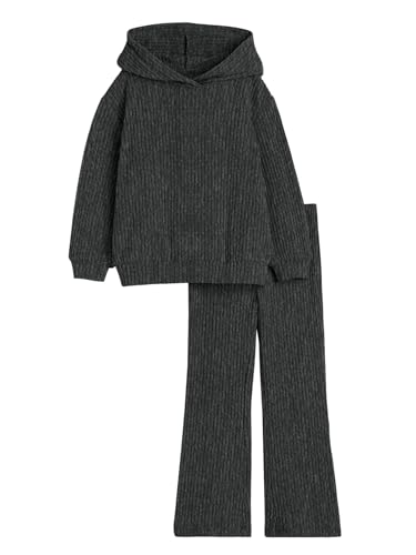 Image of Haloumoning Girls 2 Pieces Outfits Ribbed Knit Hoodies Flare Pants Sweatshirts and Sweatpants Kids Tracksuits 4-14 Years