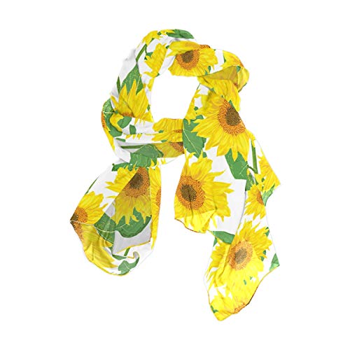 Yellow Sunflowers With Green Leaves On White Women Long Silk Scarf, Shawl Chiffon Large Stole Headscarf, Lightweight Sunscreen Satin Scarves Wraps for Wedding Party Gift